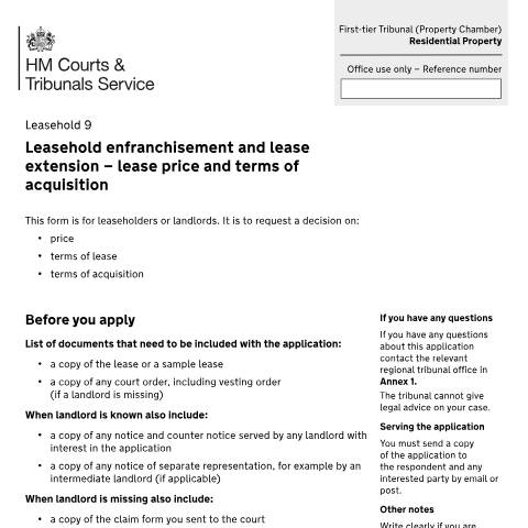 Document preview: Request a decision on lease price and terms of acquisition: Form Leasehold 9 — HM Courts & Tribunals Service, United Kingdom