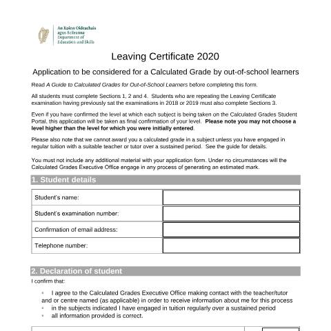 Document preview: Leaving Certificate 2020: Information and Resources — application to be considered for a calculated grade by out of school learners — Department of Education, Ireland