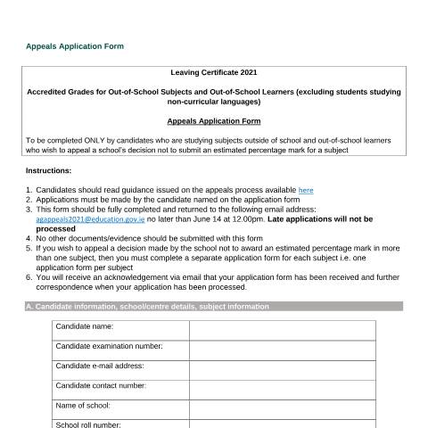 Document preview: Appeals Application Form — Department of Education, Ireland