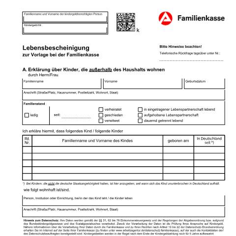Dokumentvorschau: kg3b_ba031895 — Öffnet in neuem Tab Lebensbescheinigung für das Kindergeld (KG 3b) Erklärung über Kinder, die außerhalb des Haushalts wohnen pdf | 1.34 MB | barrierefrei — Familienkasse/kg3, Deutschland (CERFA n°kg3b_ba031895)