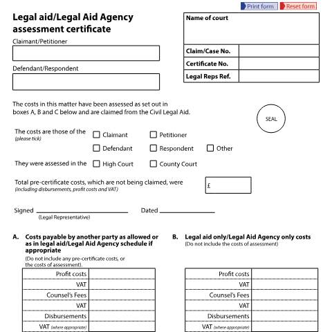 Document preview: Legal aid or Legal Aid Agency assessment certificate: Form EX80A — HM Courts & Tribunals Service, United Kingdom