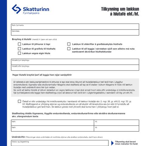 Document preview: Tilkynning um lækkun á hlutafé ehf./hf. — Fyrirtækjaskrá, Ísland (CERFA n°RSK 17.48)