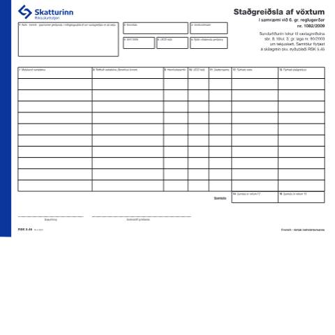 Document preview: Staðgreiðsla af vöxtum í samræmi við 6. gr. reglugerðar nr. 1082/2009. — Einstaklingar, Ísland (CERFA n°RSK 5.46)