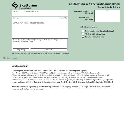 Document preview: Leiðrétting á 14% virðisaukaskatti. — Einstaklingar, Ísland (CERFA n°RSK 10.02)