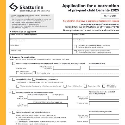 Document preview: Application for a correction of pre-paid child benefits 2025 — Forms, Ísland (CERFA n°RSK 3.18)