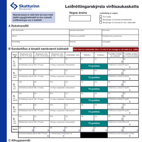 Document preview: Leiðréttingarskýrsla virðisaukaskatts. — Einstaklingar, Ísland (CERFA n°RSK 10.26)