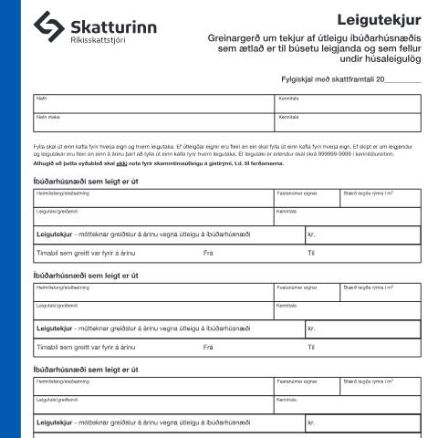 Document preview: Leigutekjur - Greinargerð um tekjur af útleigu íbúðarhúsnæðis. — Einstaklingar, Ísland (CERFA n°RSK 3.25)