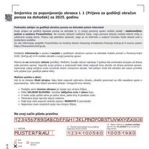 Dokumentvorschau: L2-HR — Smjernice za popunjavanje obrasca L 1 (Prijava za godišnji obračun poreza na dohodak) za 2025. godinu — Steuern, Österreich (CERFA n°L2-HR)