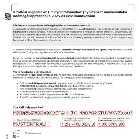 Dokumentvorschau: L2-HU — Kitöltési segédlet az L 1 nyomtatványhoz (nyilatkozat munkavállalói adómegállapításhoz) 2025-ös évre vonatkozóan — Steuern, Österreich (CERFA n°L2-HU)