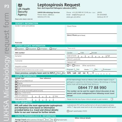 Document preview: Leptospirosis: request form — UK Health Security Agency, United Kingdom