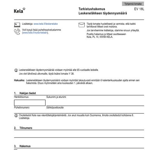Document preview: Tarkistushakemus - Leskeneläkkeen täydennysmäärä — Eläkkeellä, Suomi (CERFA n°Kela EV 18L)