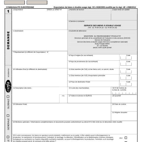 Aperçu du document Licence individuelle, générale ou globale (autorisation pour l'exportation de biens ou technologies à double usage) — Professionnels, France (CERFA n°10994*04)