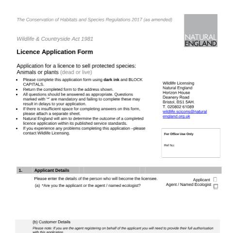 Document preview: Licence to sell protected plants and animals (A38 and LR38) — Natural England, United Kingdom