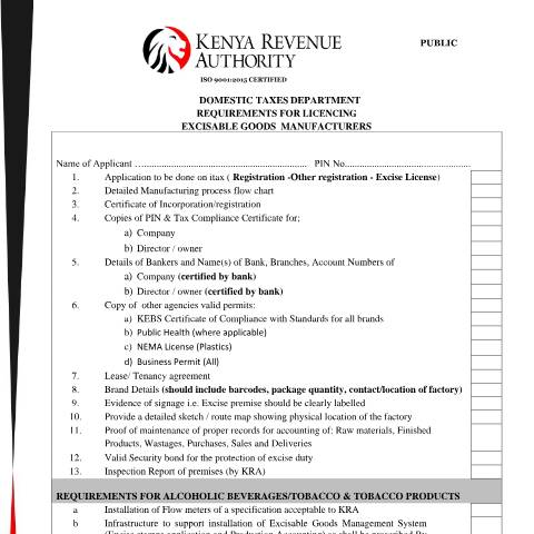 Document preview: Licensing of Excise Manufacturers — Document, Kenya (CERFA n°Requirements-for-Licensing-Excisbale-Goods-Manufacturers)