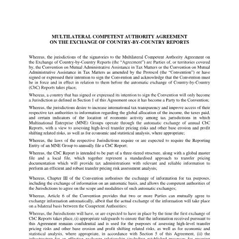 Dokumentvorschau: Multilaterale Vereinbarung der zuständigen Behörden über den Austausch länderbezogener Berichte (MCAA-CbC) (Englische Version) — Internationaler Informationsaustausch, Liechtenstein (CERFA n°int_multilateral_competent_authority_agreement_cbc)