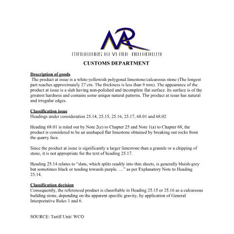 Document preview: Classification of Limestone/Calcerous Stone — Document, Mauritius (CERFA n°ClassificationLimestone)