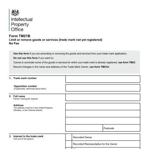 Document preview: Limit or remove goods or services (trade mark not yet registered) — Intellectual Property Office, United Kingdom