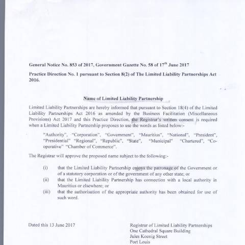 Document preview: Limited Liability Partnership – GN 853 of 2017 — Document, Mauritius (CERFA n°Limited-Liability-Partnership-GN-853-of-2017)