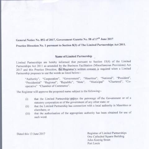 Document preview: Limited Partnership GN 852 of 2017 — Document, Mauritius (CERFA n°Limited-Partnership-GN-852-of-2017)