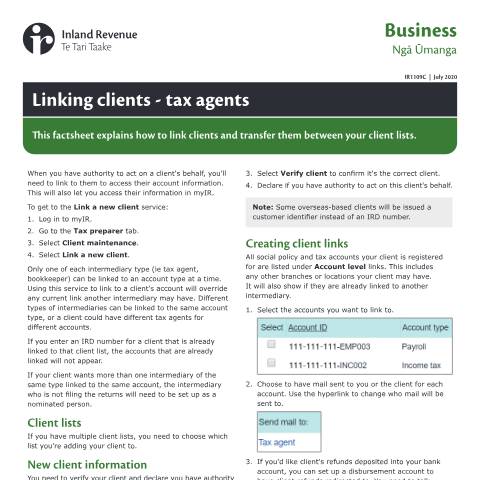 Document preview: Linking clients - tax agents — Other, New Zealand (CERFA n°IR1109C)