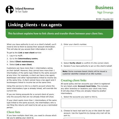 Document preview: Linking clients - tax agents — Other, New Zealand (CERFA n°IR1109C)