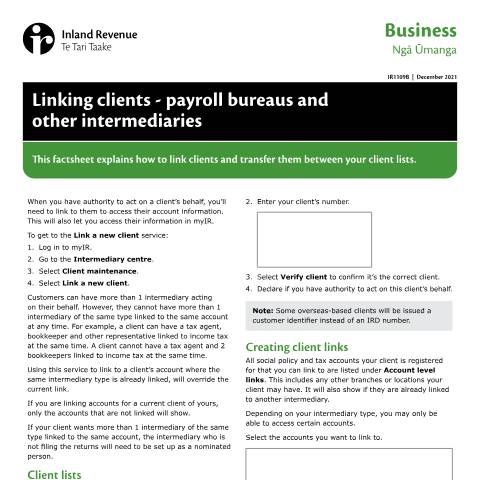 Document preview: Linking clients - payroll bureaus and other intermediaries — Other, New Zealand (CERFA n°IR1109B)