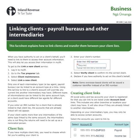 Document preview: Linking clients - payroll bureaus and other intermediaries — Other, New Zealand (CERFA n°IR1109B)