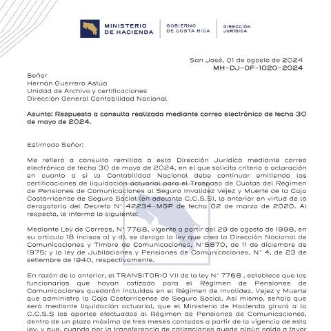 Vista previa del documento MH DJ OF 1020 2024 Liquidacion Actuarialdel Regimende Comunicaciones — Documento tributario, Costa Rica (CERFA n°MH-DJ-OF-1020-2024LiquidacionActuarialdelRegimendeComunicaciones)