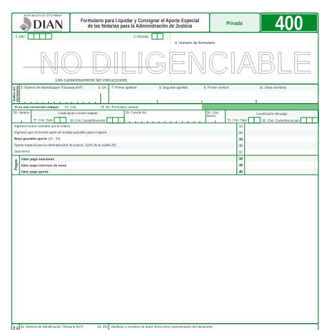 Vista previa del documento Formulario para Liquidar y Consignar el Aporte Especial de las Notarías para la Administración de Justicia — Año 2010, Colombia (CERFA n°F400-2010)