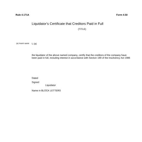 Document preview: Give notice by liquidator that creditors have been paid (4.50) — Companies House, United Kingdom