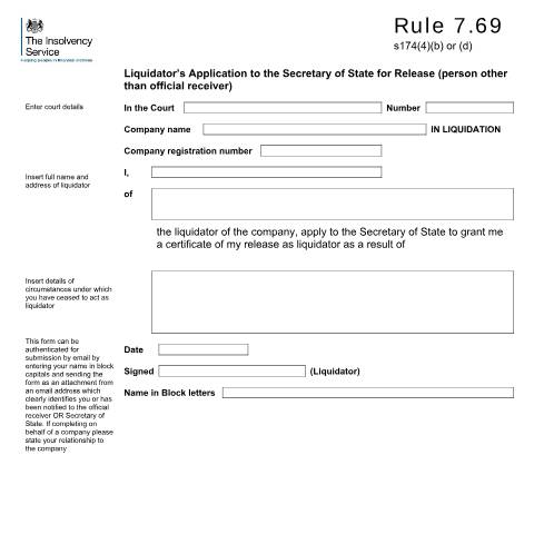 Document preview: Rule 7.69 liquidator’s application to the Secretary of State for release (person other than official receiver) (company winding-up) — The Insolvency Service, United Kingdom