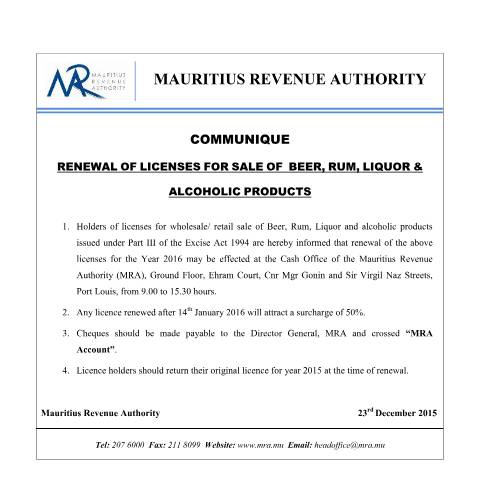 Document preview: Renewal of Licences for Sale of Beer, Rum, Liquor &amp; Alcoholic Products (23.12.15) — Document, Mauritius (CERFA n°LiquorLicence231215)