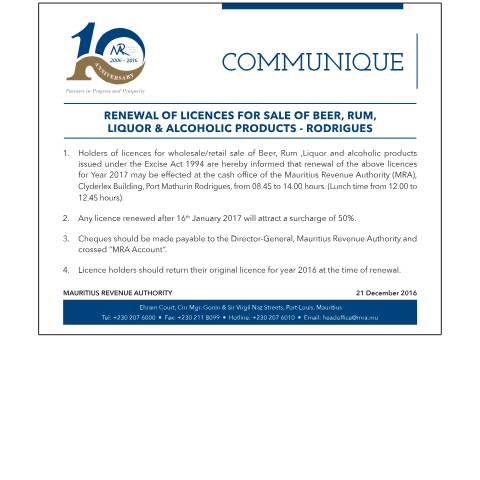 Document preview: Renewal of Licences for Sale of Beer, Rum, Liquor &amp; Alcoholic Products - Rodrigues&nbsp; (21.12.16) — Document, Mauritius (CERFA n°RenewalRodrigues)