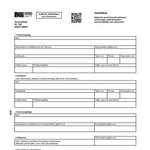 Document preview: Lisäaikaa ulkomaista perintöä koskevan perintöveroilmoituksen antamiseen – perinnönjättäjä asui ulkomailla (3628) — Lisäaikaa ulkomaista perintöä koskevan perintöveroilmoituksen antamiseen – perinnönjättäjä asui ulkomailla (3628), Suomi (CERFA n°Vero 3628)
