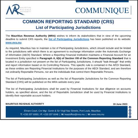 Document preview: List of Participating Jurisdictions (19.06.23) — Notice / Circular, Mauritius (CERFA n°CommuniqueJurisdictions190623)