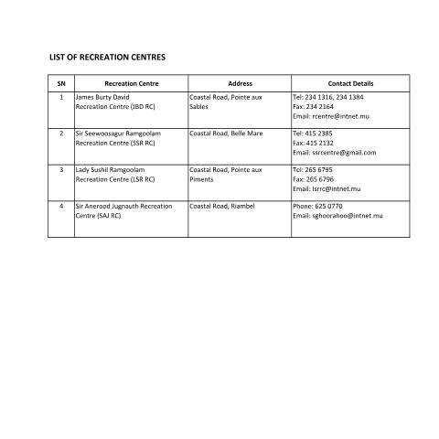 Document preview: LIST OF RECREATION CENTRES — Reference, Mauritius (CERFA n°LIST-OF-RECREATION-CENTRES)