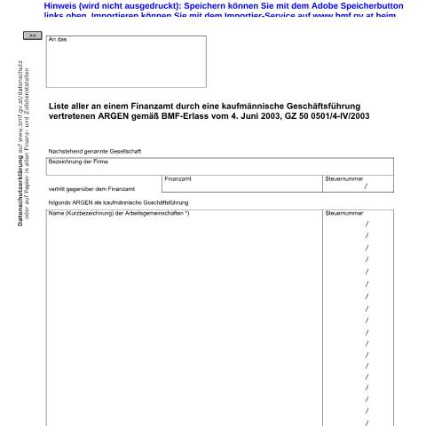 Dokumentvorschau: ARGE2 — Liste aller an einem Finanzamt durch eine kaufmännische Geschäftsführung vertretenen ARGE gemäß GZ 50 0501/4-IV/2003 — Steuern, Österreich (CERFA n°ARGE2)