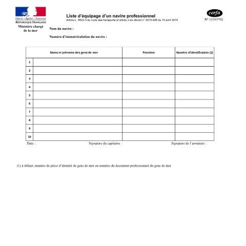Aperçu du document Liste d'équipage d'un navire professionnel — Professionnels, France (CERFA n°15393*02)