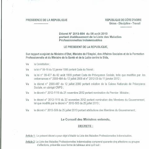 Aperçu du document LISTE DES MALADIES PROFESSIONNELLES indemnisables en cote d’ivoire — Document CNPS (prévoyance sociale), Côte d'Ivoire