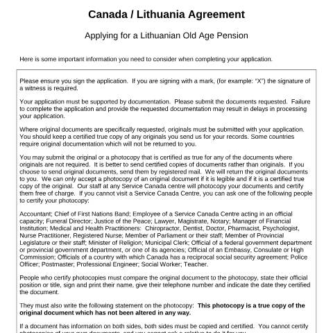Document preview: Lithuania/Canada Agreement - Application for a Lithuanian Old Age Pension — Income Security Programs, Canada (CERFA n°CAN_LT_1A_(OA))