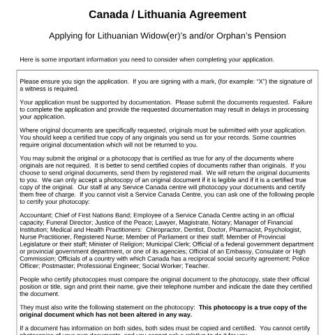Document preview: Lithuania/Canada Agreement - Application for a Lithuanian Widow(er)'s and/or Orphan's Pension — Income Security Programs, Canada (CERFA n°CAN_LT_1B)