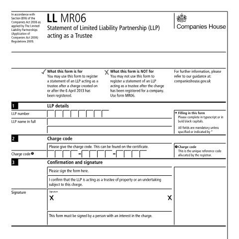 Document preview: Statement of limited liability partnership (LLP) acting as a trustee (LL MR06) — Companies House, United Kingdom