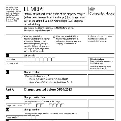 Document preview: Register a statement: property released in a limited liability partnership (LL MR05) — Companies House, United Kingdom