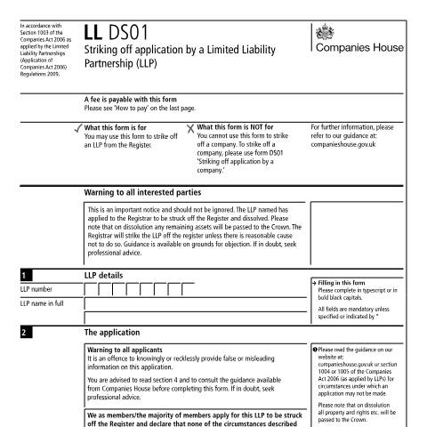 Document preview: Strike off application by limited liability partnership (LL DS01) — Companies House, United Kingdom