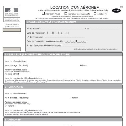 Aperçu du document Location d'un aéronef — Professionnels, France (CERFA n°10092*03)