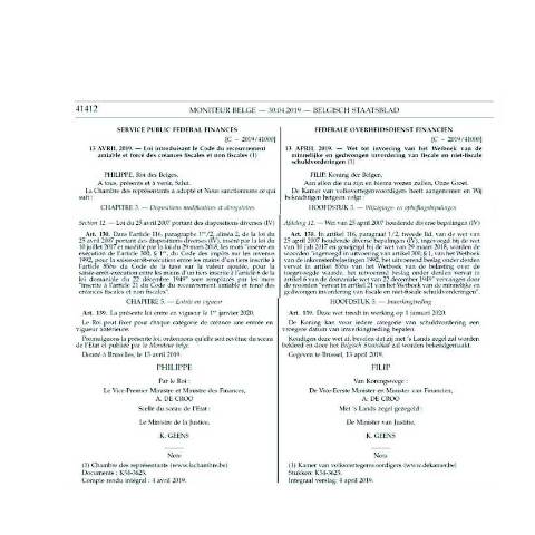Aperçu du document Wet van 13 april 2019 tot invoering van het Wetboek van de minnelijke en gedwongen invordering van fiscale en niet-fiscale schuldvorderingen (BS 30.04.2019) (PDF, 79.63 KB) — Wetgeving, Belgique (CERFA n°Wet Loi 13 04 2019)