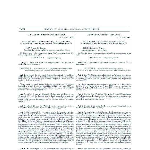 Aperçu du document Loi du 29 mars 2018 visant à élargir les missions et à renforcer le rôle du service de conciliation fiscale (MB 13.04.2018) (PDF, 254.53 KB) — Législation, Belgique (CERFA n°Wet Loi 29 03 2018_2)