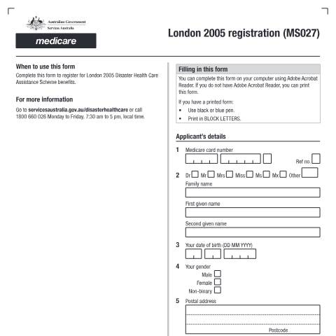 Document preview: London 2005 registration — Services Australia — Individuals (by code), Australia (CERFA n°MS027)