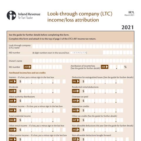 Document preview: Look-through company (LTC) income/loss attribution — Income tax, New Zealand (CERFA n°IR7L)
