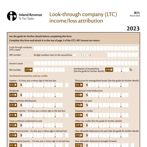 Document preview: Look-through company (LTC) income/loss attribution — Income tax, New Zealand (CERFA n°IR7L)